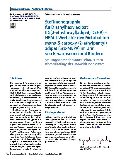 Vorschauseite 1: Stoffmonographie für Diethylhexyladipat (Di(2-ethylhexyl)adipat, DEHA) – HBM-I-Werte für den Metaboliten Mono-5-carboxy-(2-ethylpentyl)adipat (5cx-MEPA) im Urin von Erwachsenen un…