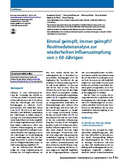 Vorschauseite 1: Einmal geimpft, immer geimpft? Routinedatenanalyse zur wiederholten Influenzaimpfung von ≥ 60-Jährigen