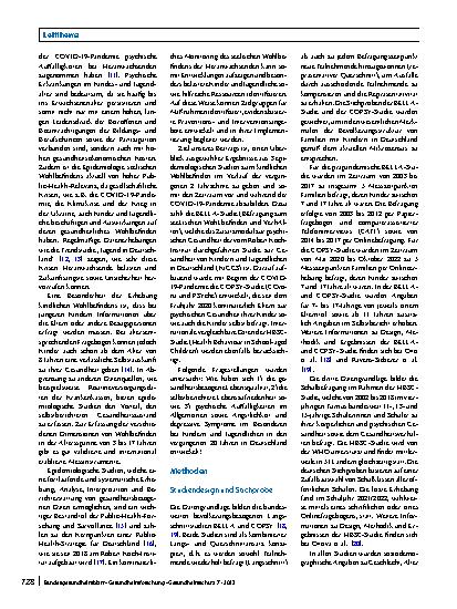 Vorschauseite 2: Epidemiologie seelischen Wohlbefindens von Kindern und Jugendlichen in Deutschland. Ergebnisse aus 3 Studien vor und während der COVID-19-Pandemie