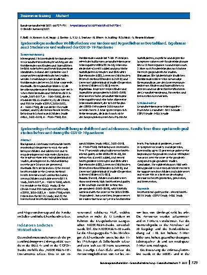 Vorschauseite 3: Epidemiologie seelischen Wohlbefindens von Kindern und Jugendlichen in Deutschland. Ergebnisse aus 3 Studien vor und während der COVID-19-Pandemie