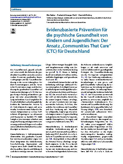 Vorschauseite 1: Evidenzbasierte Prävention für die psychische Gesundheit von Kindern und Jugendlichen: Der Ansatz „Communities That Care“ (CTC) für Deutschland