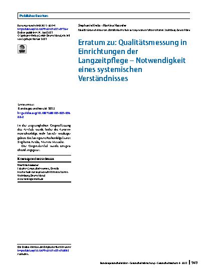 Vorschauseite 1: Erratum zu: Qualitätsmessung in Einrichtungen der Langzeitpflege – Notwendigkeit eines systemischen Verständnisses