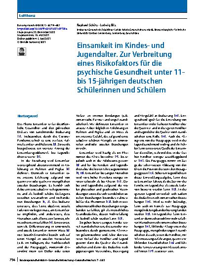 Vorschauseite 1: Einsamkeit im Kindesund Jugendalter. Zur Verbreitung eines Risikofaktors für die psychische Gesundheit unter 11- bis 15-jährigen deutschen Schülerinnen und Schülern