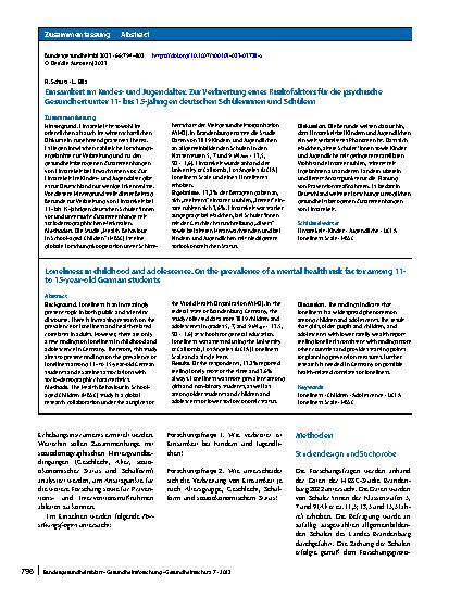 Vorschauseite 3: Einsamkeit im Kindesund Jugendalter. Zur Verbreitung eines Risikofaktors für die psychische Gesundheit unter 11- bis 15-jährigen deutschen Schülerinnen und Schülern