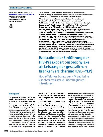 Vorschauseite 1: Evaluation der Einführung der HIV-Präexpositionsprophylaxe als Leistung der gesetzlichen Krankenversicherung (EvE‑PrEP)