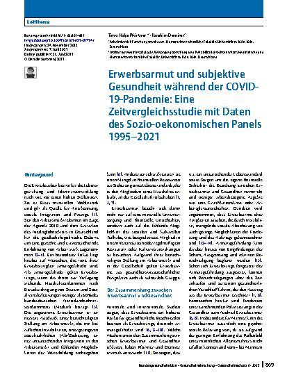 Vorschauseite 1: Erwerbsarmut und subjektive Gesundheit während der COVID-19-Pandemie: Eine Zeitvergleichsstudie mit Daten des Sozio-oekonomischen Panels 1995–2021