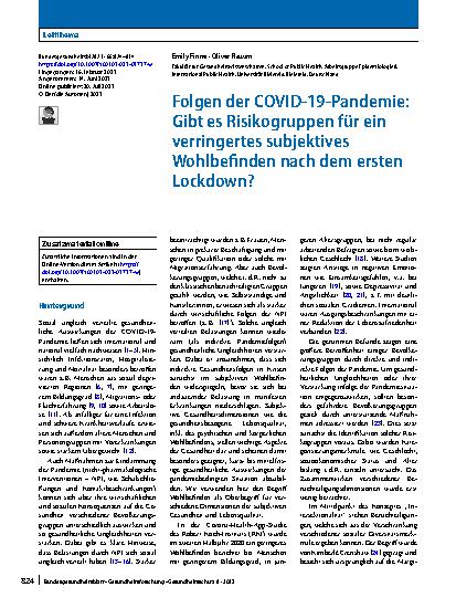 Vorschauseite 1: Folgen der COVID-19-Pandemie: Gibt es Risikogruppen für ein verringertes subjektives Wohlbefinden nach dem ersten Lockdown?