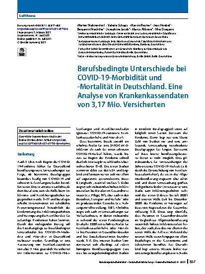 Vorschauseite 1: Berufsbedingte Unterschiede bei COVID-19-Morbidität und -Mortalität in Deutschland. Eine Analyse von Krankenkassendaten von 3, 17 Mio. Versicherten
