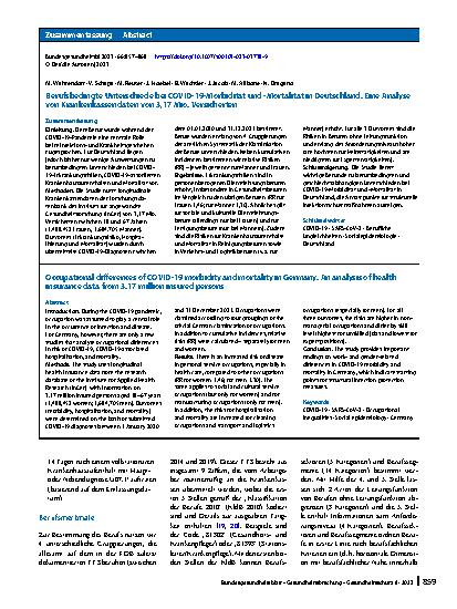 Vorschauseite 3: Berufsbedingte Unterschiede bei COVID-19-Morbidität und -Mortalität in Deutschland. Eine Analyse von Krankenkassendaten von 3, 17 Mio. Versicherten