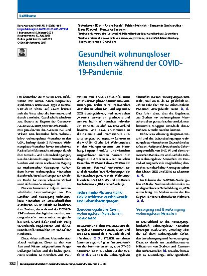 Vorschauseite 1: Gesundheit wohnungsloser Menschen während der COVID-19-Pandemie