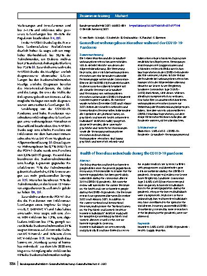 Vorschauseite 3: Gesundheit wohnungsloser Menschen während der COVID-19-Pandemie