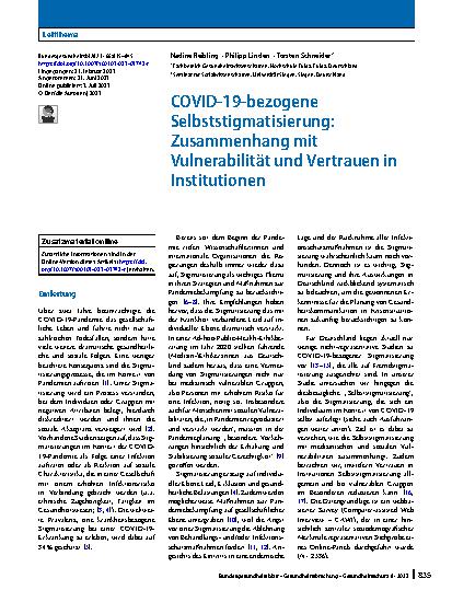 Vorschauseite 1: COVID-19-bezogene Selbststigmatisierung: Zusammenhang mit Vulnerabilität und Vertrauen in Institutionen