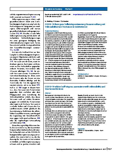 Vorschauseite 3: COVID-19-bezogene Selbststigmatisierung: Zusammenhang mit Vulnerabilität und Vertrauen in Institutionen