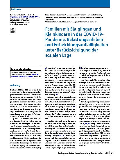 Vorschauseite 1: Familien mit Säuglingen und Kleinkindern in der COVID-19-Pandemie: Belastungserleben und Entwicklungsauffälligkeiten unter Berücksichtigung der sozialen Lage