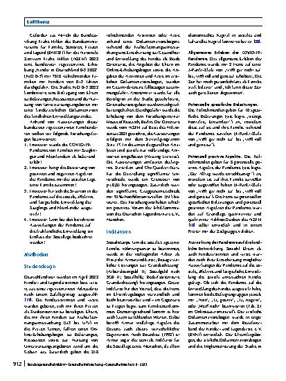 Vorschauseite 2: Familien mit Säuglingen und Kleinkindern in der COVID-19-Pandemie: Belastungserleben und Entwicklungsauffälligkeiten unter Berücksichtigung der sozialen Lage