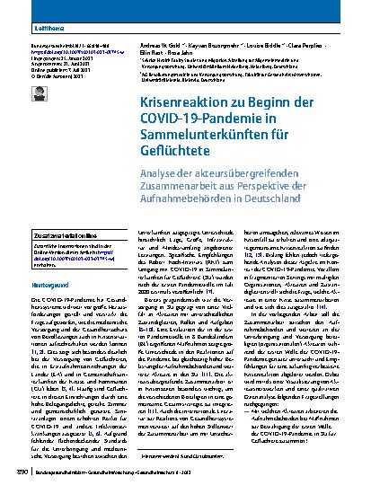 Vorschauseite 1: Krisenreaktion zu Beginn der COVID-19-Pandemie in Sammelunterkünften für Geflüchtete