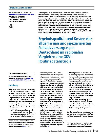 Vorschauseite 1: Ergebnisqualität und Kosten der allgemeinen und spezialisierten Palliativversorgung in Deutschland im regionalen Vergleich: eine GKV-Routinedatenstudie