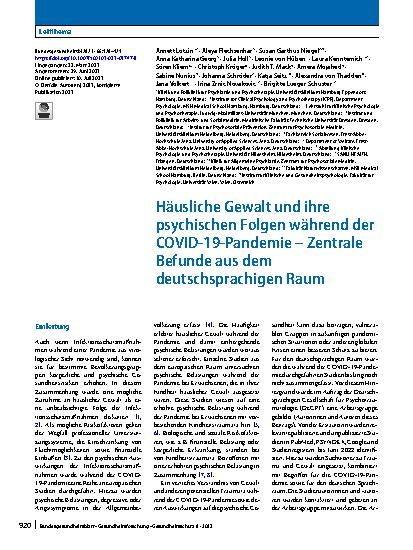 Vorschauseite 1: Häusliche Gewalt und ihre psychischen Folgen während der COVID-19-Pandemie – Zentrale Befunde aus dem deutschsprachigen Raum