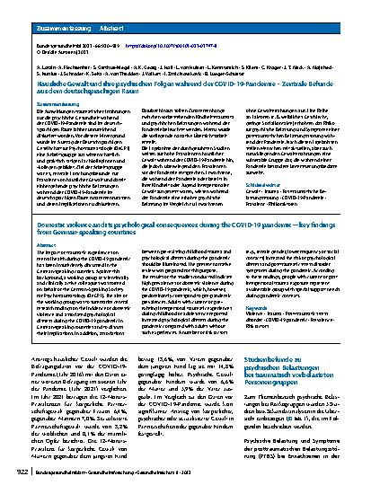 Vorschauseite 3: Häusliche Gewalt und ihre psychischen Folgen während der COVID-19-Pandemie – Zentrale Befunde aus dem deutschsprachigen Raum