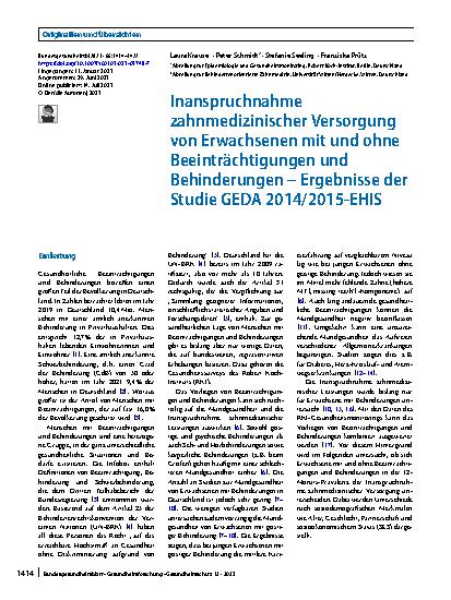Vorschauseite 1: Inanspruchnahme zahnmedizinischer Versorgung von Erwachsenen mit und ohne Beeinträchtigungen und Behinderungen – Ergebnisse der Studie GEDA 2014/2015-EHIS