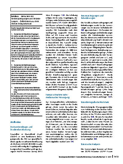 Vorschauseite 2: Inanspruchnahme zahnmedizinischer Versorgung von Erwachsenen mit und ohne Beeinträchtigungen und Behinderungen – Ergebnisse der Studie GEDA 2014/2015-EHIS