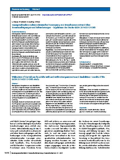 Vorschauseite 3: Inanspruchnahme zahnmedizinischer Versorgung von Erwachsenen mit und ohne Beeinträchtigungen und Behinderungen – Ergebnisse der Studie GEDA 2014/2015-EHIS