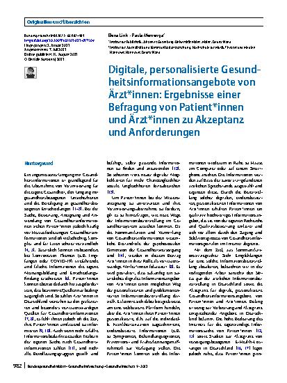 Vorschauseite 1: Digitale, personalisierte Gesundheitsinformationsangebote von Ärzt*innen: Ergebnisse einer Befragung von Patient*innen und Ärzt*innen zu Akzeptanz und Anforderungen