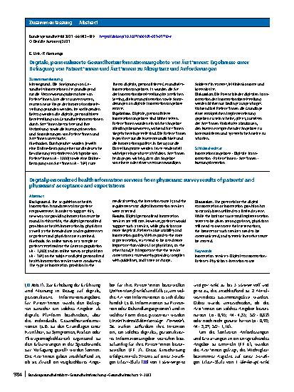 Vorschauseite 3: Digitale, personalisierte Gesundheitsinformationsangebote von Ärzt*innen: Ergebnisse einer Befragung von Patient*innen und Ärzt*innen zu Akzeptanz und Anforderungen