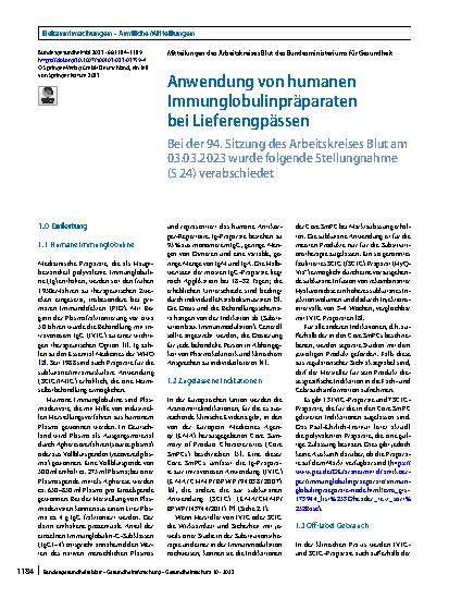 Vorschauseite 1: Anwendung von humanen Immunglobulinpräparaten bei Lieferengpässen