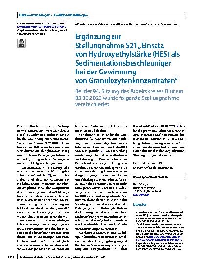 Vorschauseite 1: Ergänzung zur Stellungnahme S21 „Einsatz von Hydroxyethylstärke (HES) als Sedimentationsbeschleuniger bei der Gewinnung von Granulozytenkonzentraten“