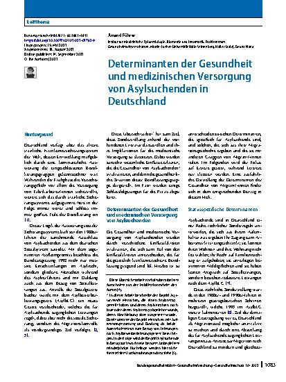 Vorschauseite 1: Determinanten der Gesundheit und medizinischen Versorgung von Asylsuchenden in Deutschland
