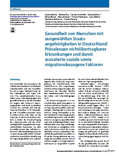 Vorschauseite 1: Gesundheit von Menschen mit ausgewählten Staatsangehörigkeiten in Deutschland: Prävalenzen nichtübertragbarer Erkrankungen und damit assoziierte soziale sowie migrationsbezogene F…