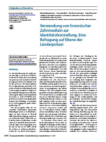 Vorschauseite 1: Verwendung von forensischer Zahnmedizin zur Identitätsfeststellung. Eine Befragung auf Ebene der Länderpolizei