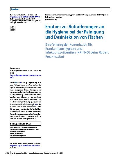 Vorschauseite 1: Erratum zu: Anforderungen an die Hygiene bei der Reinigung und Desinfektion von Flächen
