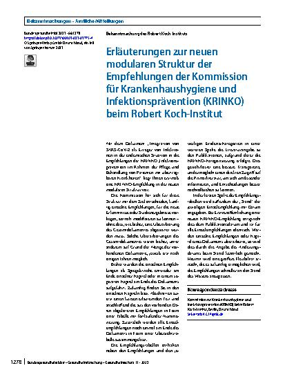 Vorschauseite 1: Erläuterungen zur neuen modularen Struktur der Empfehlungen der Kommission für Krankenhaushygiene und Infektionsprävention (KRINKO) beim Robert Koch-Institut