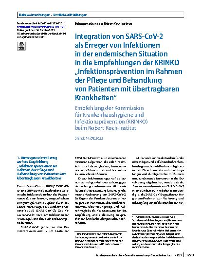 Vorschauseite 1: Integration von SARS-CoV-2 als Erreger von Infektionen in der endemischen Situation in die Empfehlungen der KRINKO „Infektionsprävention im Rahmen der Pflege und Behandlung von Pa…