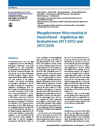 Vorschauseite 1: Neugeborenen-Hörscreening in Deutschland – Ergebnisse der Evaluationen 2011/2012 und 2017/2018
