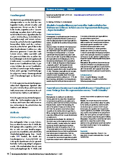 Vorschauseite 3: Elterliche Sexualaufklärung und sexuelles Risikoverhalten bei Töchtern und Söhnen: Befunde aus der Repräsentativbefragung „Jugendsexualität“