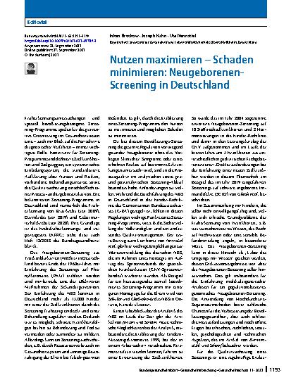Vorschauseite 1: Nutzen maximieren – Schaden minimieren: Neugeborenen-Screening in Deutschland