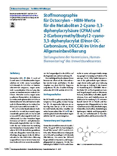 Vorschauseite 1: Stoffmonographie für Octocrylen – HBM-​Werte für die Metaboliten 2-Cyano-3,3-diphenylacrylsäure (CPAA) und 2-(Carboxymethyl)butyl 2-cyano-3,3-diphenylacrylat (Dinor-OC-​Carbonsäur…