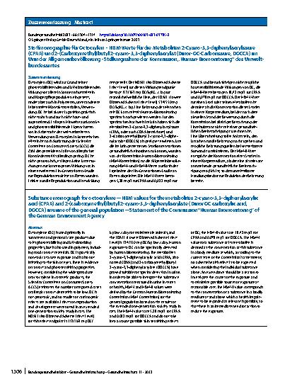 Vorschauseite 3: Stoffmonographie für Octocrylen – HBM-​Werte für die Metaboliten 2-Cyano-3,3-diphenylacrylsäure (CPAA) und 2-(Carboxymethyl)butyl 2-cyano-3,3-diphenylacrylat (Dinor-OC-​Carbonsäur…