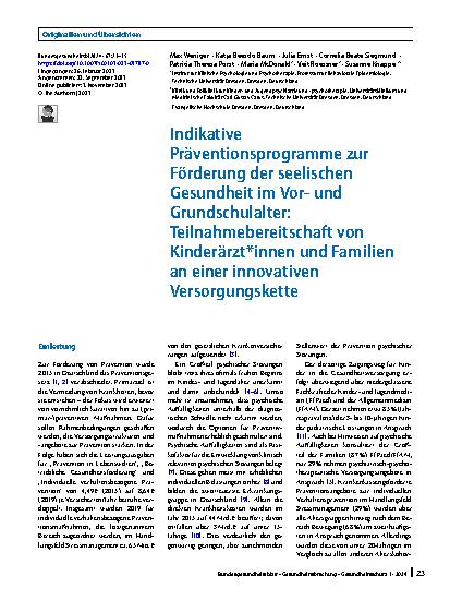 Vorschauseite 1: Indikative Präventionsprogramme zur Förderung der seelischen Gesundheit im Vorund Grundschulalter: Teilnahmebereitschaft von Kinderärzt*innen und Familien an einer innovativen Ver…