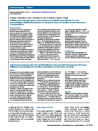 Vorschauseite 3: Indikative Präventionsprogramme zur Förderung der seelischen Gesundheit im Vorund Grundschulalter: Teilnahmebereitschaft von Kinderärzt*innen und Familien an einer innovativen Ver…