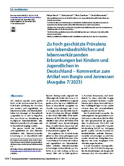 Vorschauseite 1: Zu hoch geschätzte Prävalenz von lebensbedrohlichen und lebensverkürzenden Erkrankungen bei Kindern und Jugendlichen in Deutschland – Kommentar zum Artikel von Burgio und Jennesse…