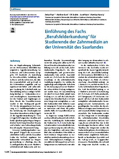 Vorschauseite 1: Einführung des Fachs „Berufsfelderkundung“ für Studierende der Zahnmedizin an der Universität des Saarlandes