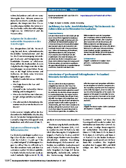 Vorschauseite 3: Einführung des Fachs „Berufsfelderkundung“ für Studierende der Zahnmedizin an der Universität des Saarlandes