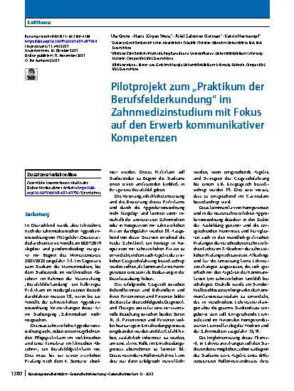 Vorschauseite 1: Pilotprojekt zum „Praktikum der Berufsfelderkundung“ im Zahnmedizinstudium mit Fokus auf den Erwerb kommunikativer Kompetenzen