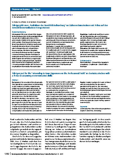 Vorschauseite 3: Pilotprojekt zum „Praktikum der Berufsfelderkundung“ im Zahnmedizinstudium mit Fokus auf den Erwerb kommunikativer Kompetenzen