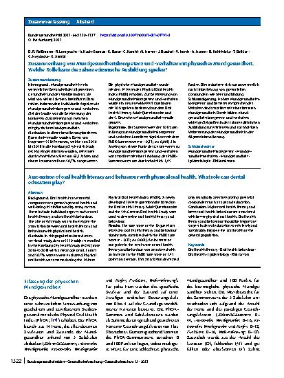 Vorschauseite 3: Zusammenhang von Mundgesundheitskompetenz und -verhalten mit physischer Mundgesundheit. Welche Rolle kann die zahnmedizinische Ausbildung spielen?