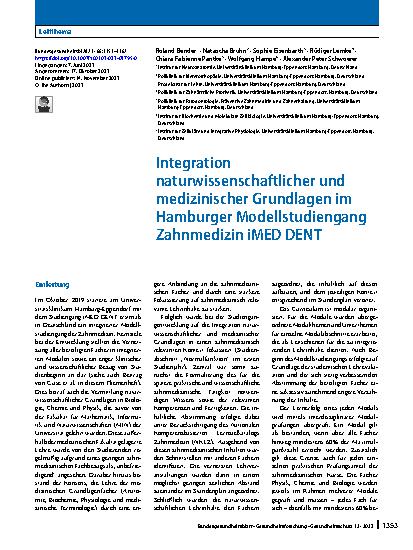 Vorschauseite 1: Integration naturwissenschaftlicher und medizinischer Grundlagen im Hamburger Modellstudiengang Zahnmedizin iMED DENT